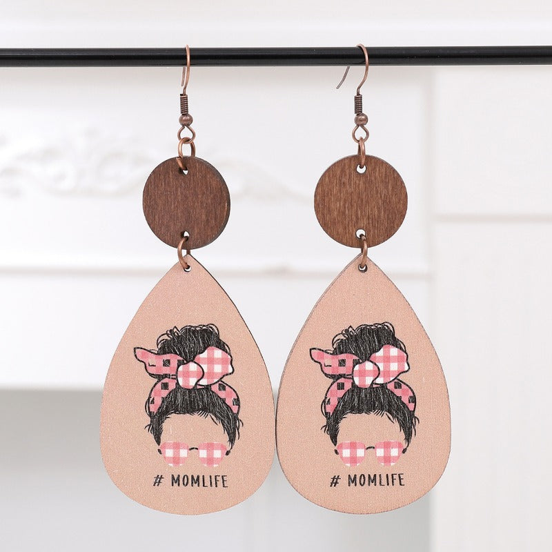 Wholesale MOM LIFE Mother's Day Leopard Plaid Wooden Earrings